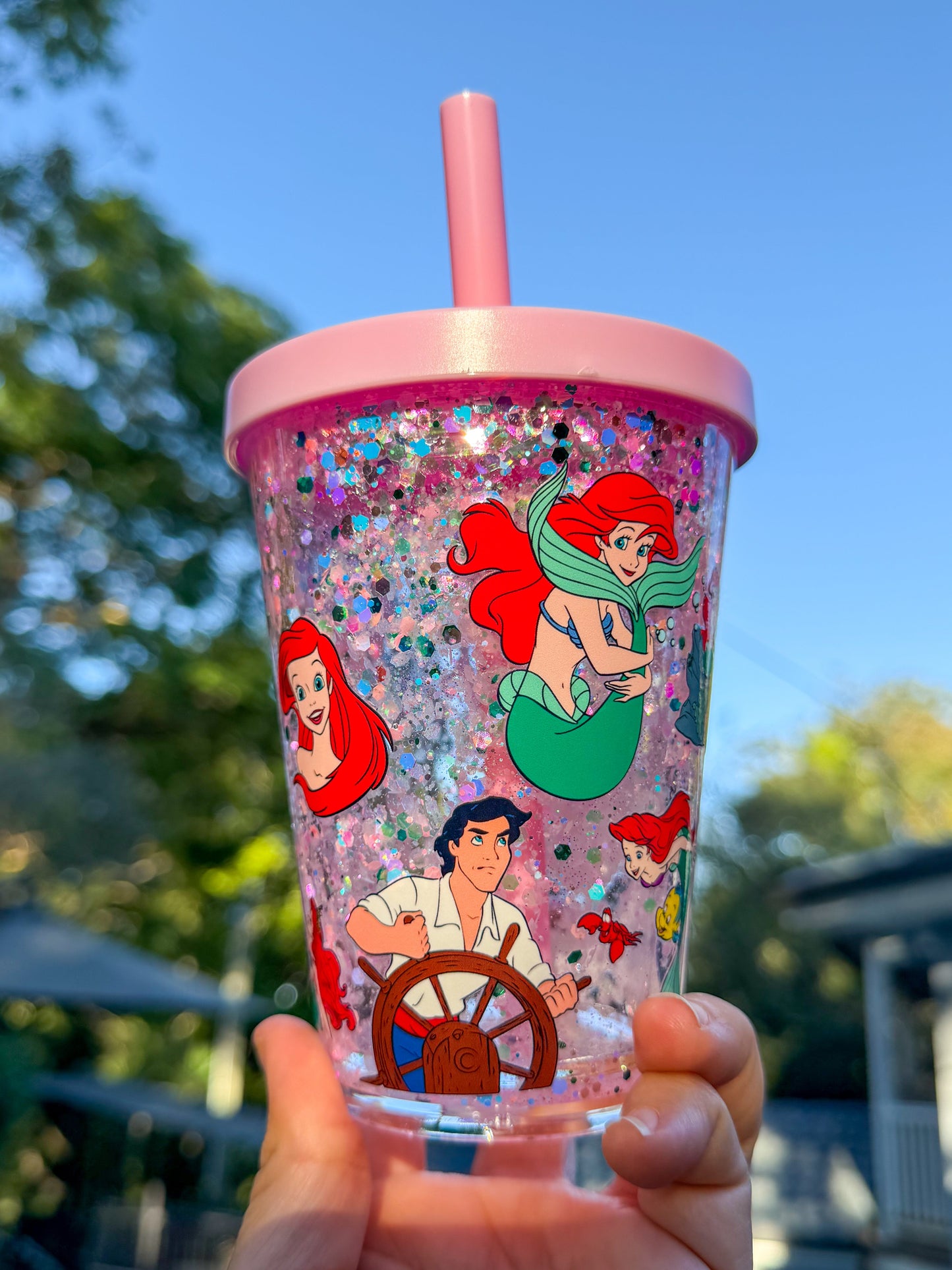 12oz Ariel Glitter Snow Globe Tumbler – Pink Mermaid Cup with Straw