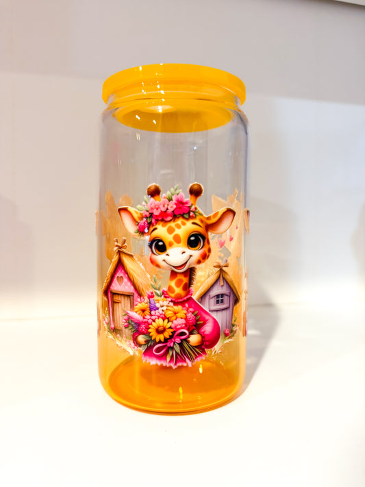 Baby Giraffe Floral Ombre Glass Can Tumbler - 16oz