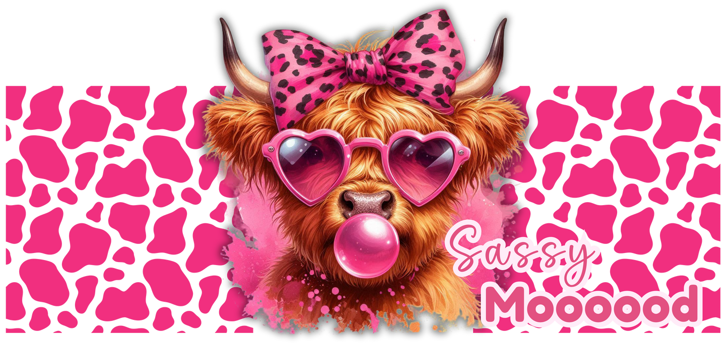 Digital UV DTF Wrap – Highland Cow “Sassy Mooood” Design