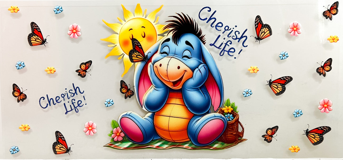 Cherish Life UV DTF Wrap | 16oz Glass Can | Cute Butterfly & Sunshine Design