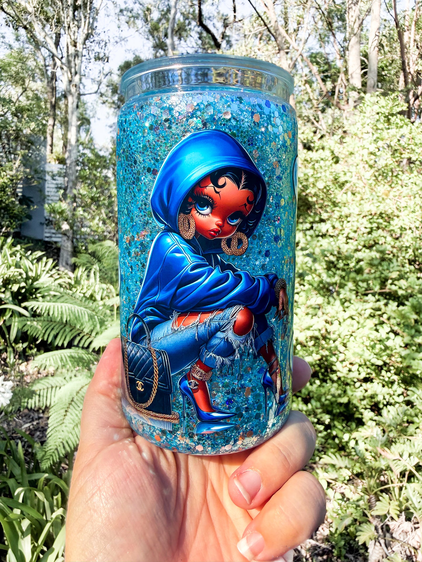 Glam Blue Hoodie Girl Glitter 16oz Cup