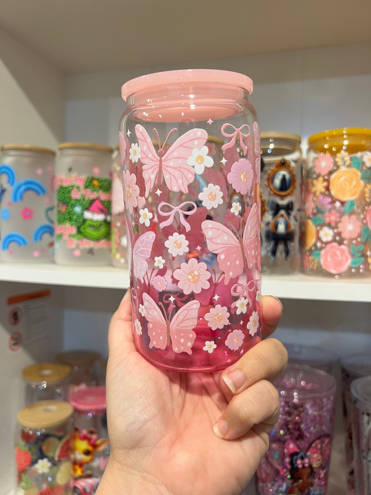 πΈ Pink Butterfly Dreams Glass Tumbler β 16oz