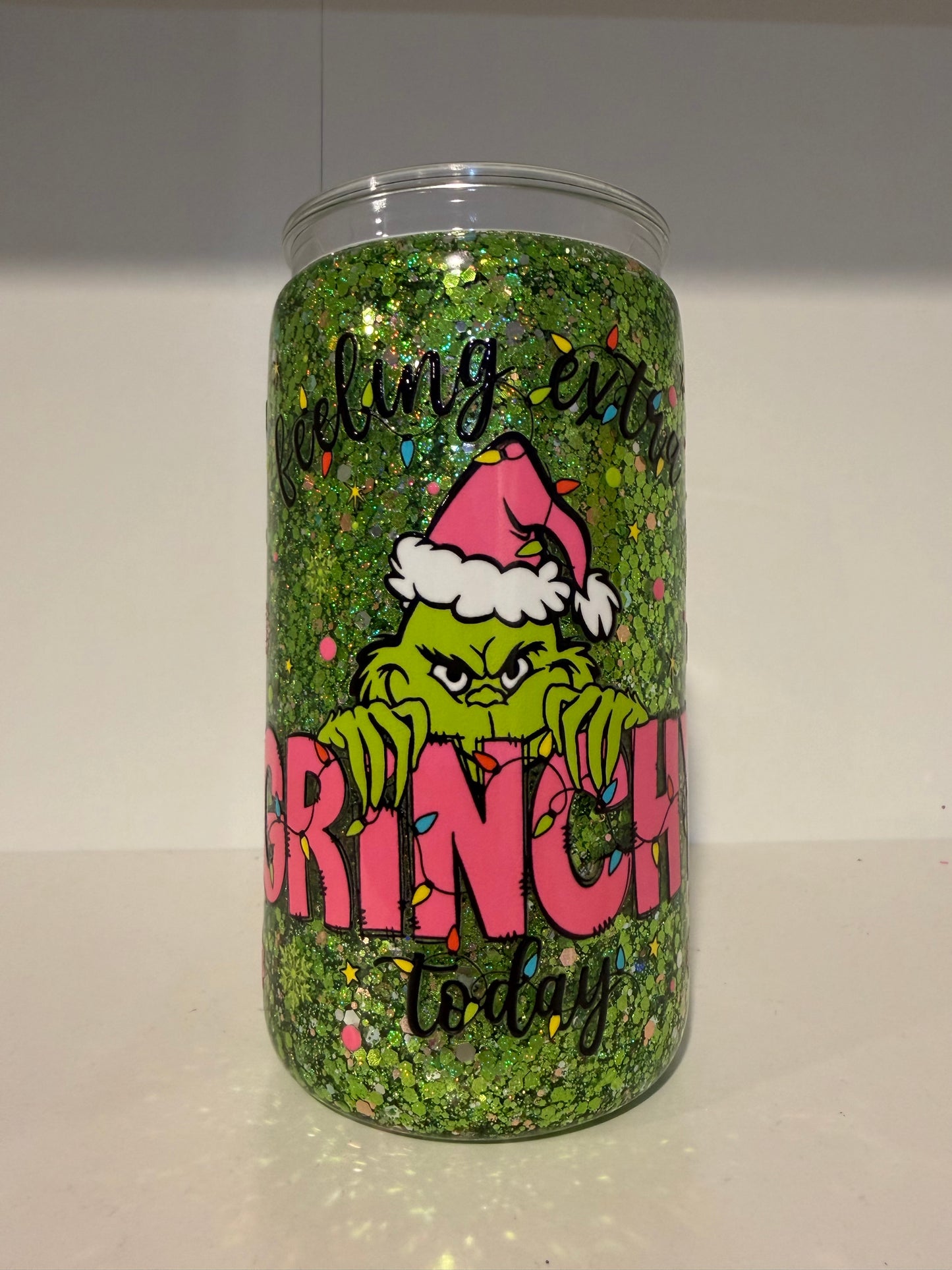 Feeling Extra Grinchy Today | Green Glitter Christmas Snow Globe Tumbler