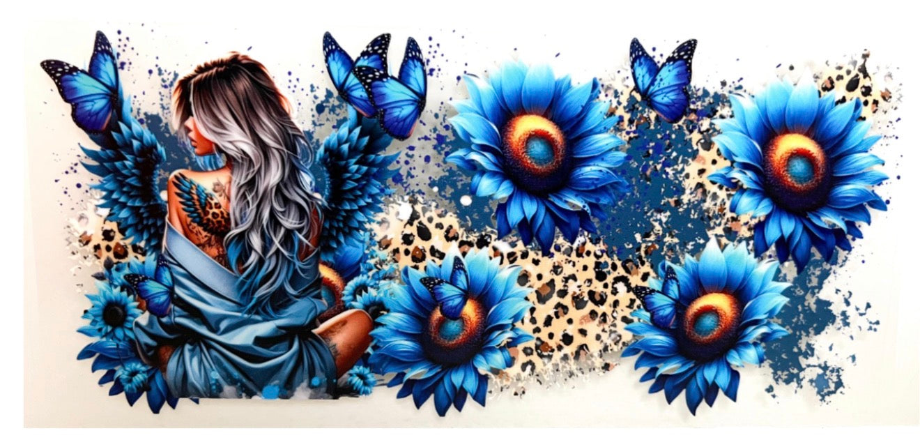 Tattoo girl, blue floral - UV DTF CUP WRAP 16oz