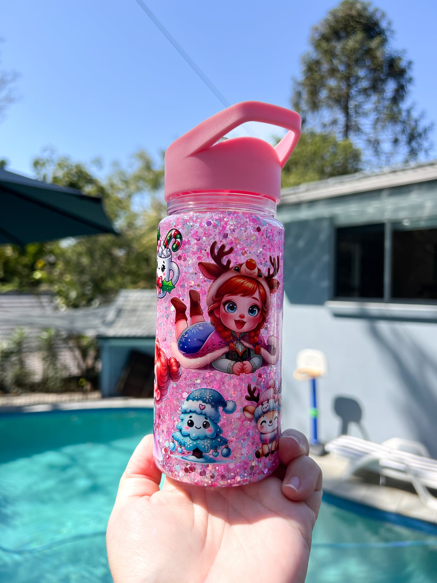 Christmas Glitter Water Bottle – Reindeer Girl Holiday Tumbler | Cute Kids Pink Sparkle Cup