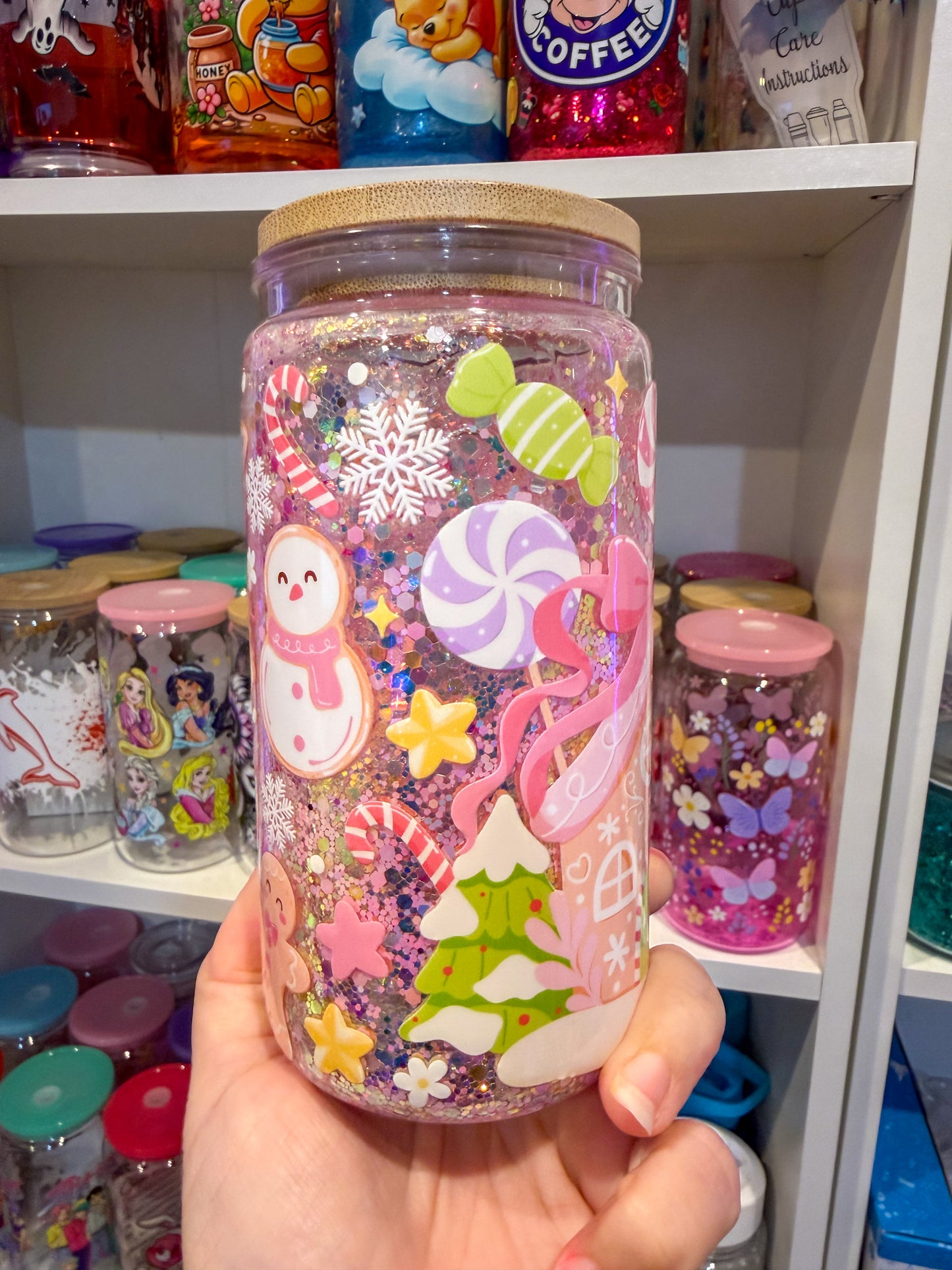 Pink Gingerbread Cottage Snow Globe Tumbler