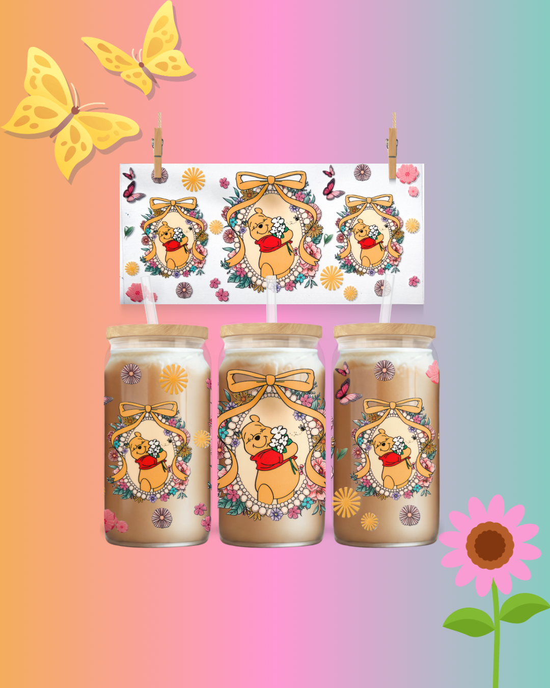 šÆ Sweet Bear & Floral Bow Cup Wrap ā UV DTF Decal
