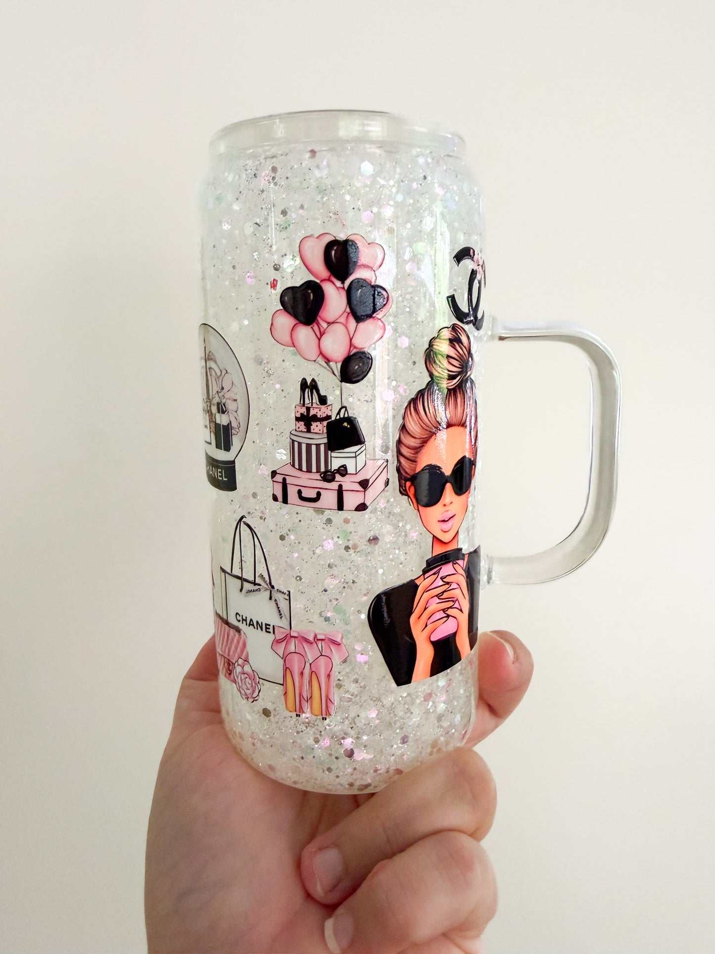 Glass White Glam Snow Globe Cup 20oz with handle