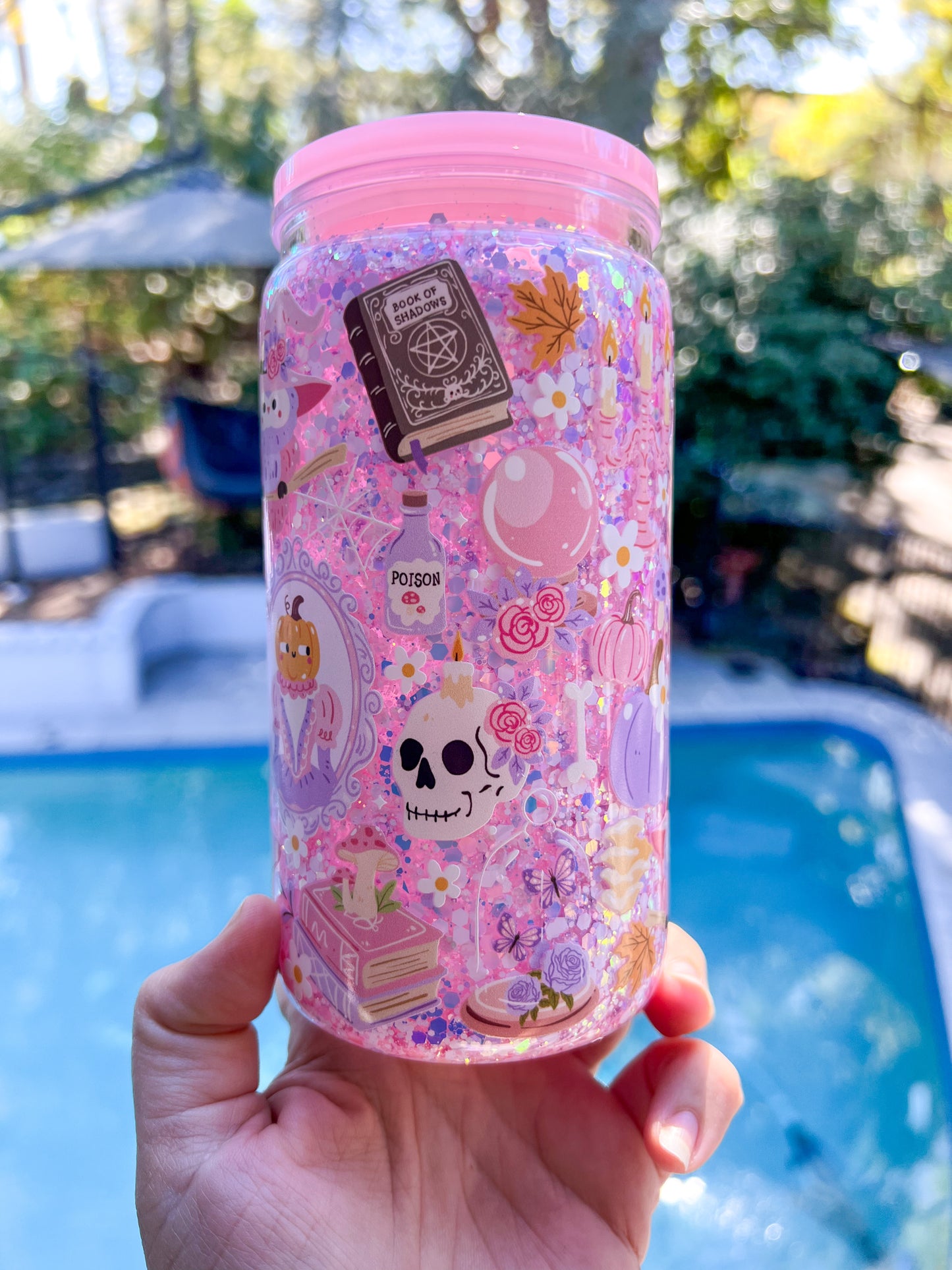 🌸 Pink Spooky Snow Globe Tumbler – 16oz BACK IN STOCK