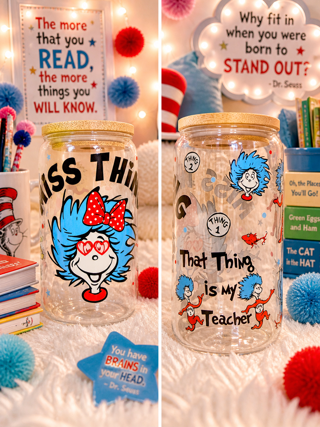 Thing 1 & Thing 2 Teacher 16oz Glass Can Cup – Dr. Seuss Inspired Glass Tumbler with Bamboo Lid