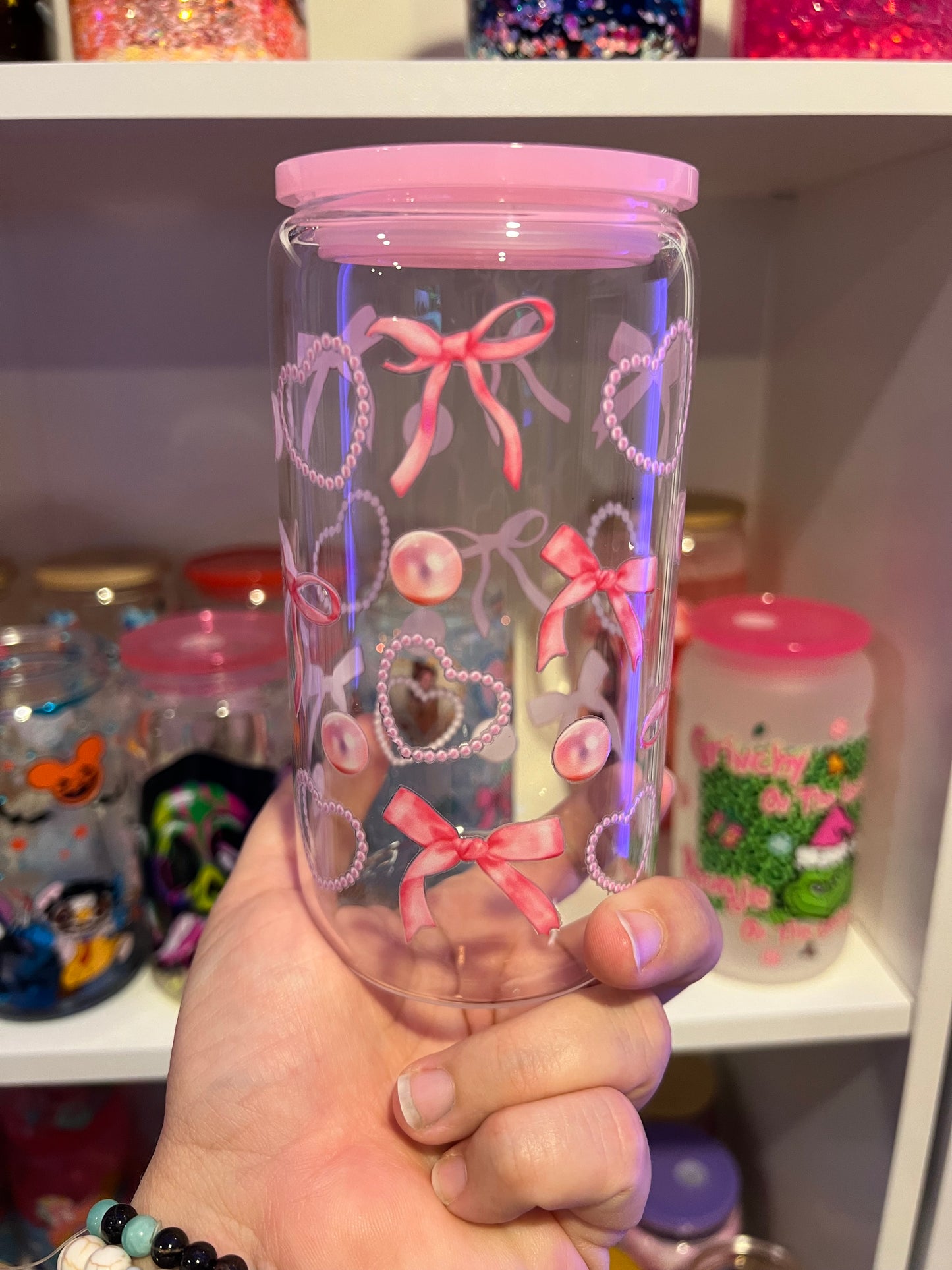 Pink Bow & Pearl Heart Glass Tumbler – Optional Pink Lid