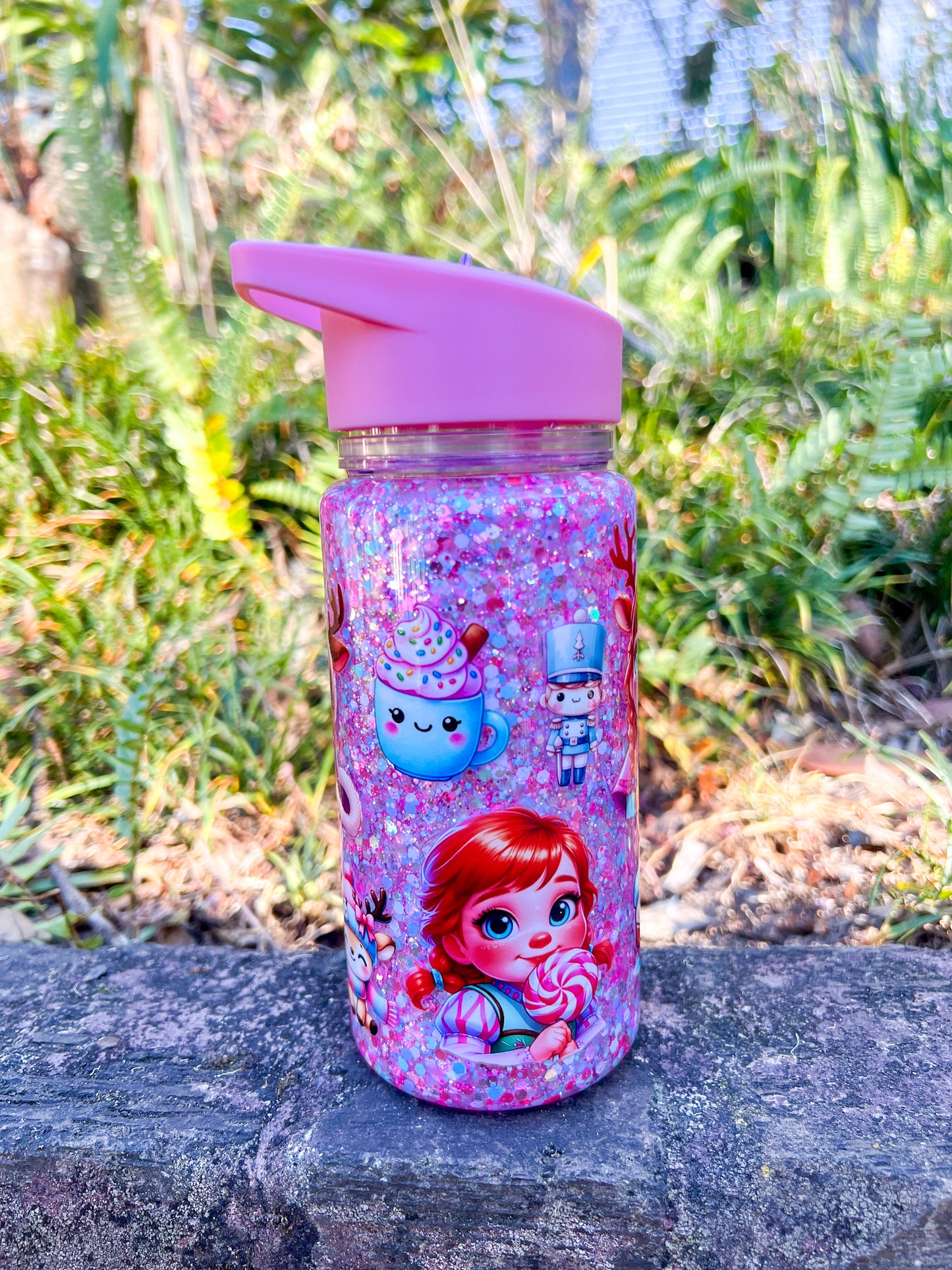 Christmas Glitter Water Bottle – Reindeer Girl Holiday Tumbler | Cute Kids Pink Sparkle Cup