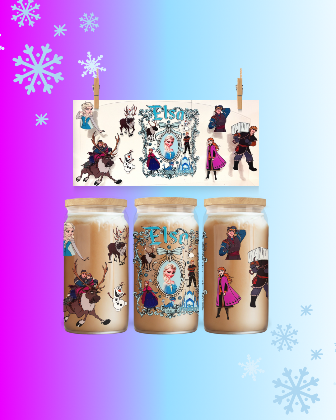 ❄️ Frozen Magic Cup Wrap – Elsa & Friends – fits 16oz Libbey glass cans or similar. Permanent Waterproof Tumbler Wrap Transfer