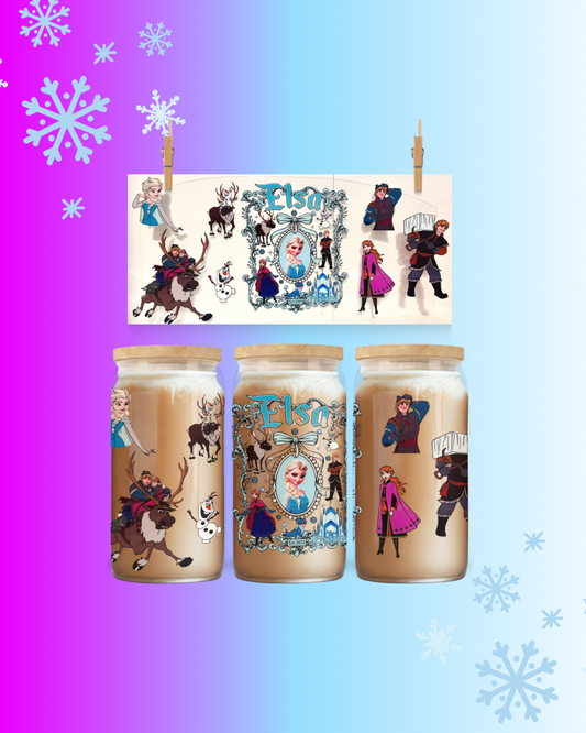 ❄️ Frozen Magic Cup Wrap – Elsa & Friends – fits 16oz Libbey glass cans or similar. Permanent Waterproof Tumbler Wrap Transfer