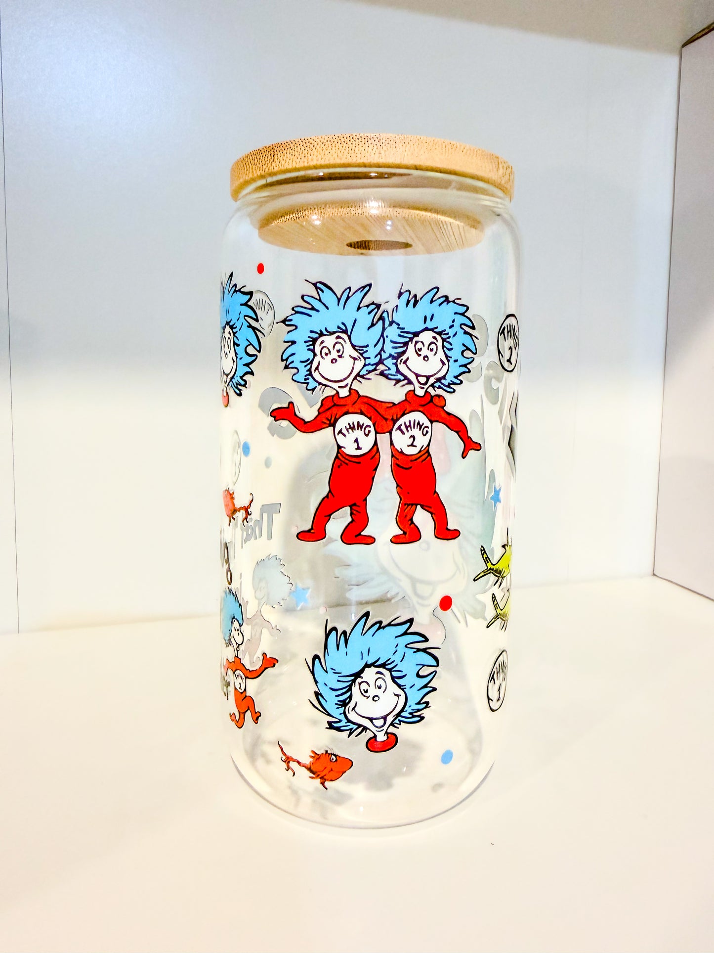 Thing 1 & Thing 2 Teacher 16oz Glass Can Cup – Dr. Seuss Inspired Glass Tumbler with Bamboo Lid