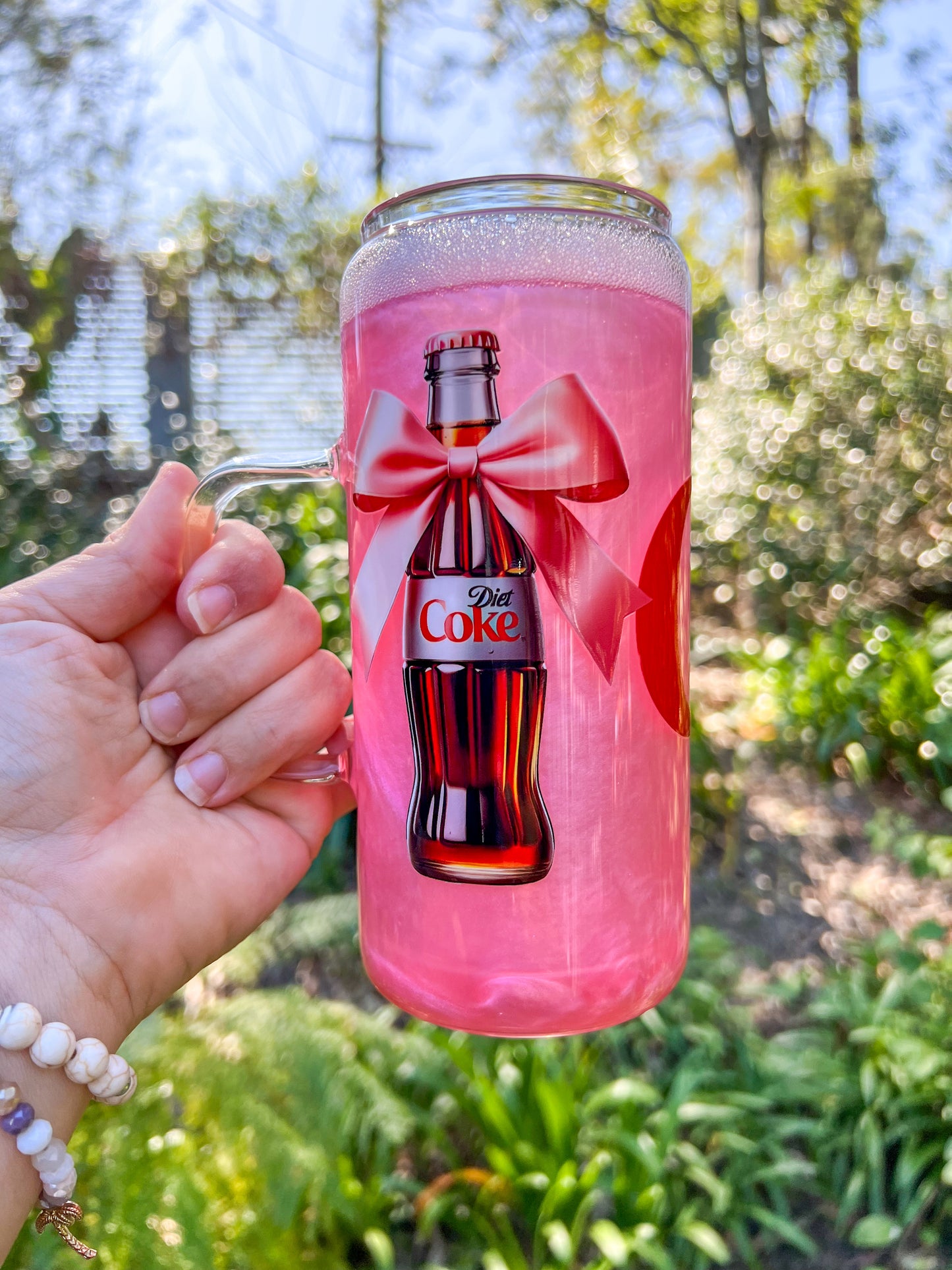 Pink Fizzy Drink Glimmer Glass Cup 20oz with handle