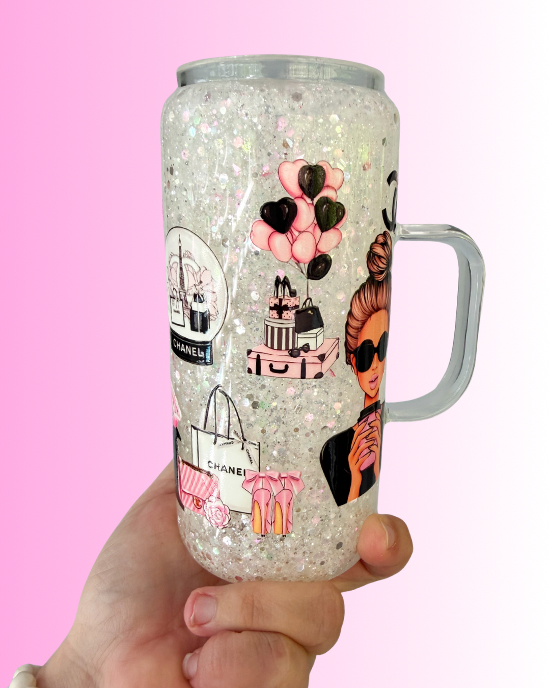 Glass White Glam Snow Globe Cup 20oz with handle