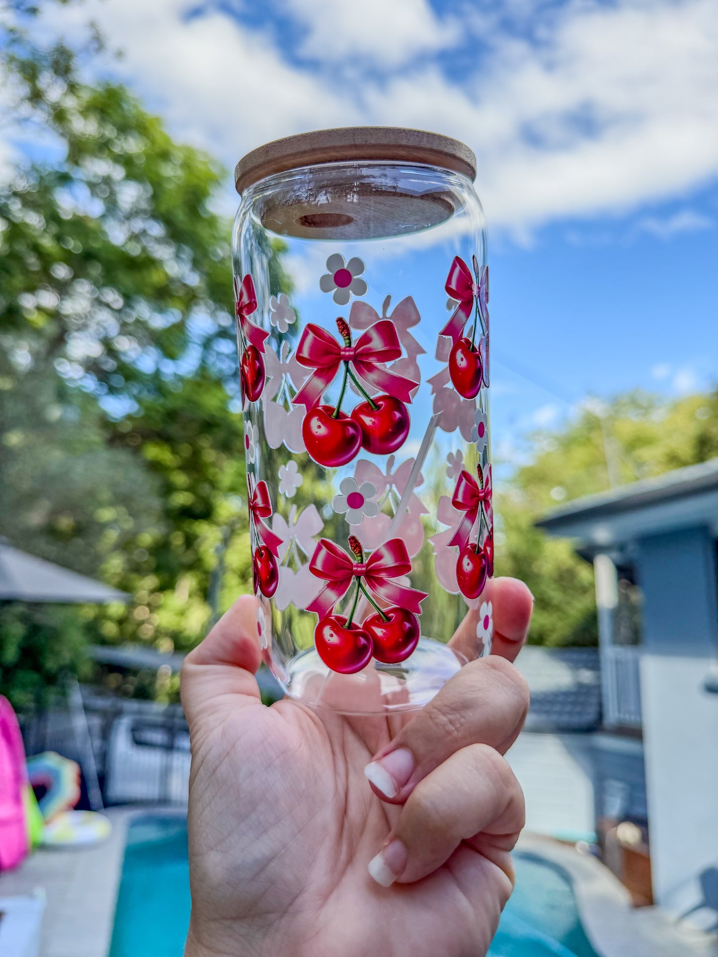 🍒🎀 Cherry Bow Glass Can Tumbler 16oz