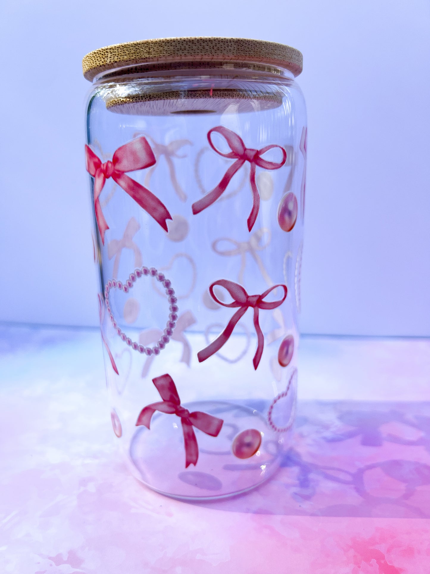 Pink Bow & Pearl Heart Glass Tumbler – Optional Pink Lid