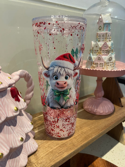 Highland Cow Christmas 24oz Snow Globe Cup – Festive Glitter Tumbler