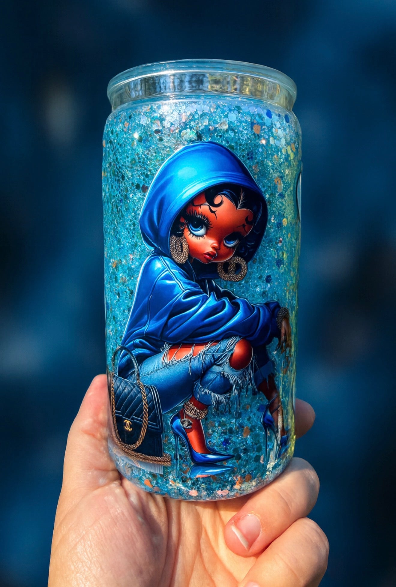 Glam Blue Hoodie Girl Glitter 16oz Cup