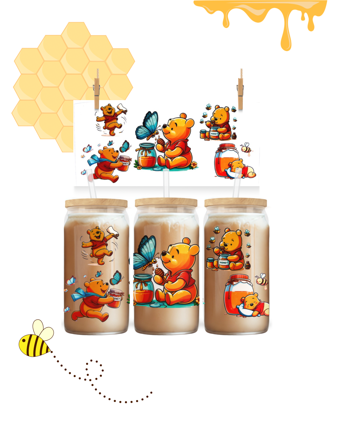 Honey Bear & Butterflies Cup Wrap UV DTF 16oz