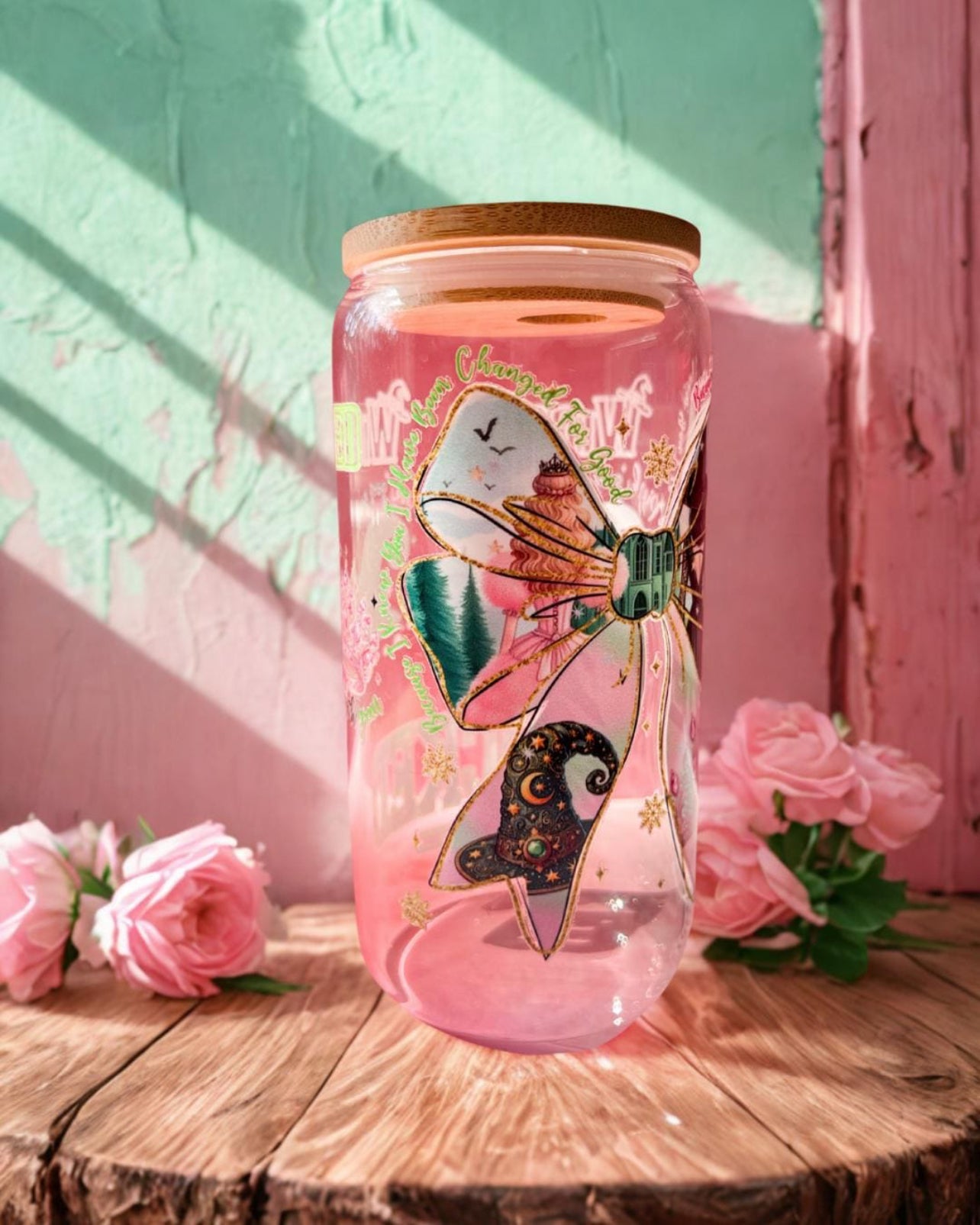Wicked-Inspired Broadway Glass Tumbler – 16oz Cup with Glinda & Elphaba Design