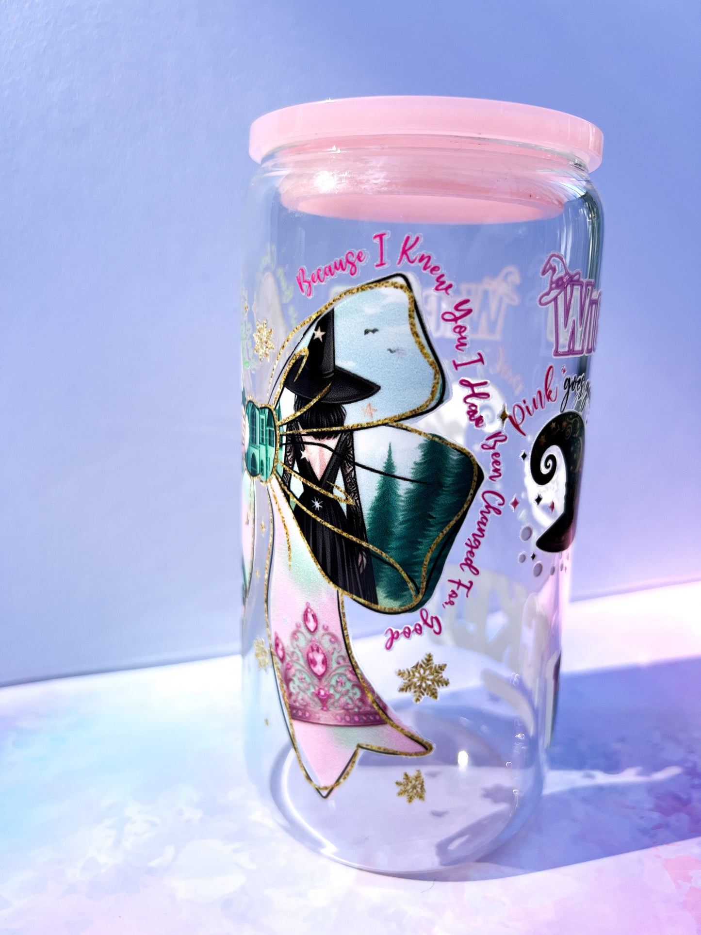 Wicked-Inspired Broadway Glass Tumbler – 16oz Cup with Glinda & Elphaba Design