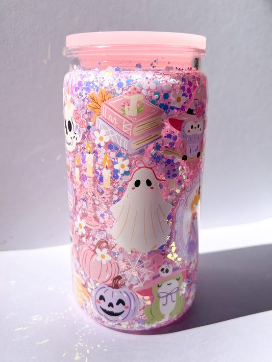 🌸 Pink Spooky Snow Globe Tumbler – 16oz BACK IN STOCK