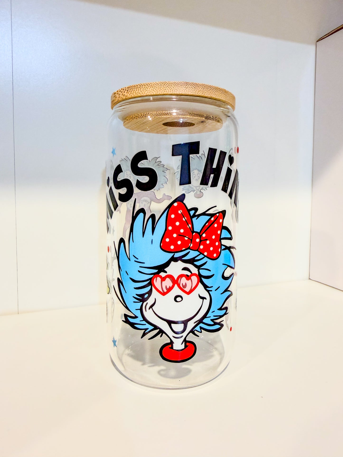 Thing 1 & Thing 2 Teacher 16oz Glass Can Cup – Dr. Seuss Inspired Glass Tumbler with Bamboo Lid