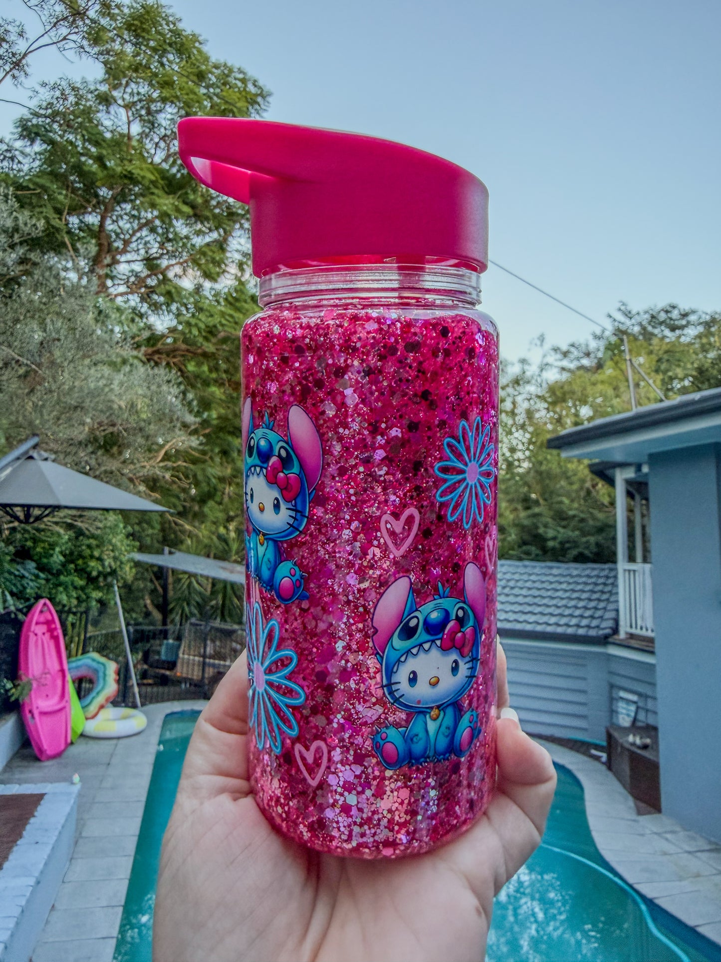 10oz Stitch & Hello Kitty Glitter Kids Water Bottle – Pink Sparkle Bottle with Straw Lid – Cute Kids Drink Bottle