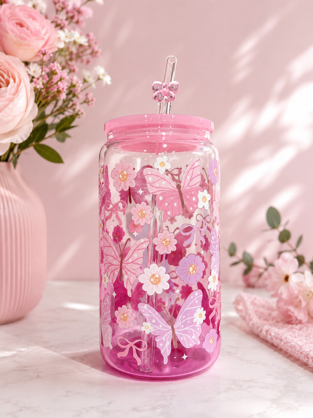 🌸 Pink Butterfly Dreams Ombre Pink Glass Tumbler – 16oz