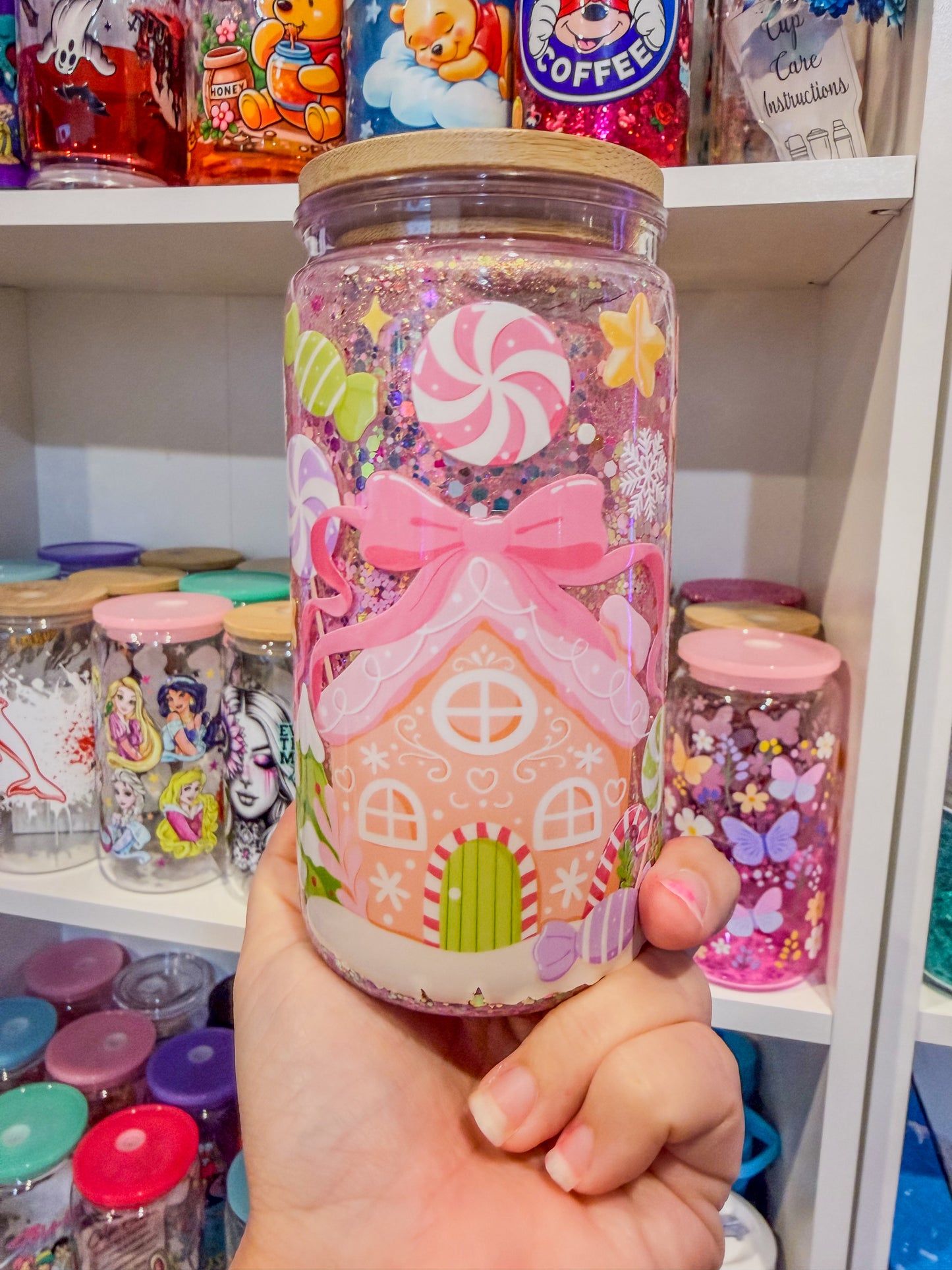 Pink Gingerbread Cottage Snow Globe Tumbler