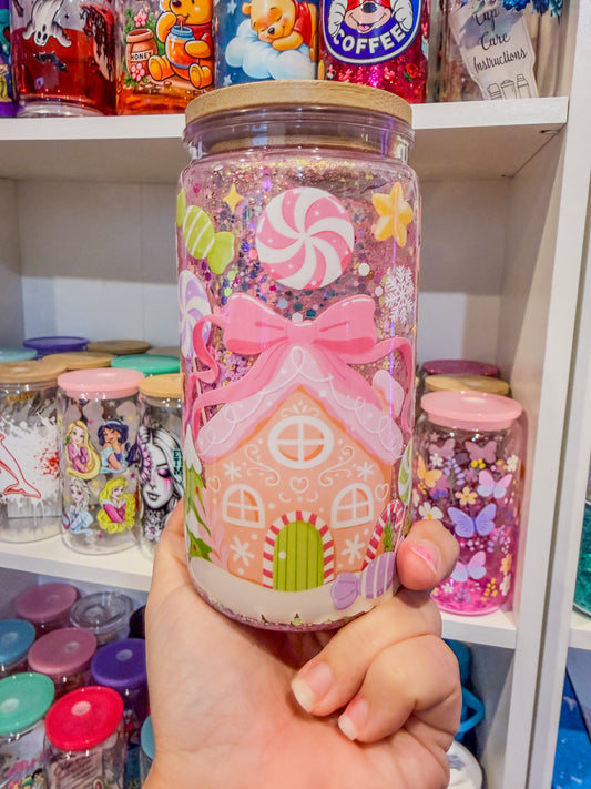 Pink Gingerbread Cottage Snow Globe Tumbler