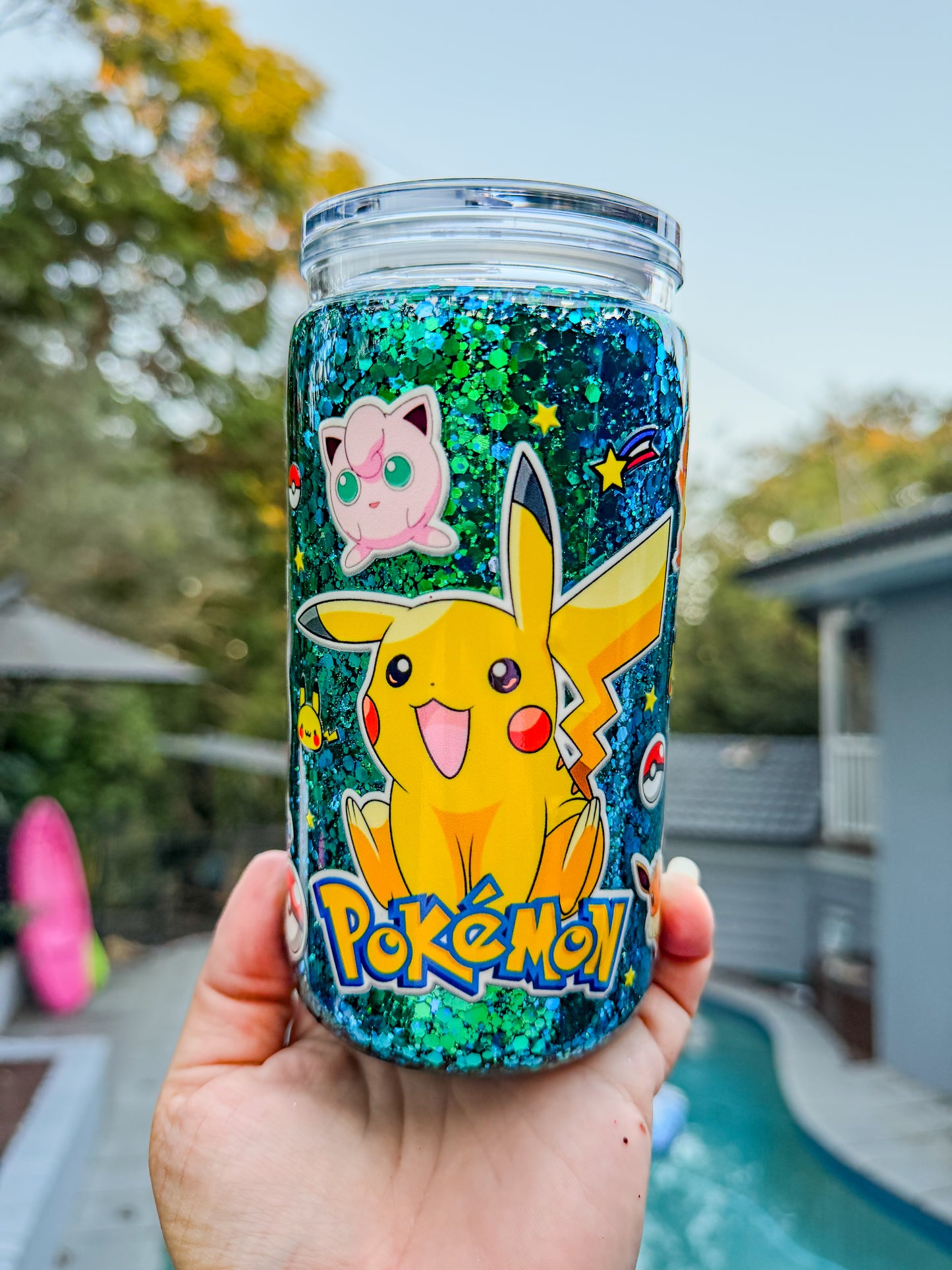 Pocket Creature Glitter Snow Globe Tumbler – 16oz | Retro Anime Inspired Cup