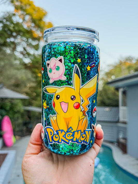 Pocket Creature Glitter Snow Globe Tumbler – 16oz | Retro Anime Inspired Cup