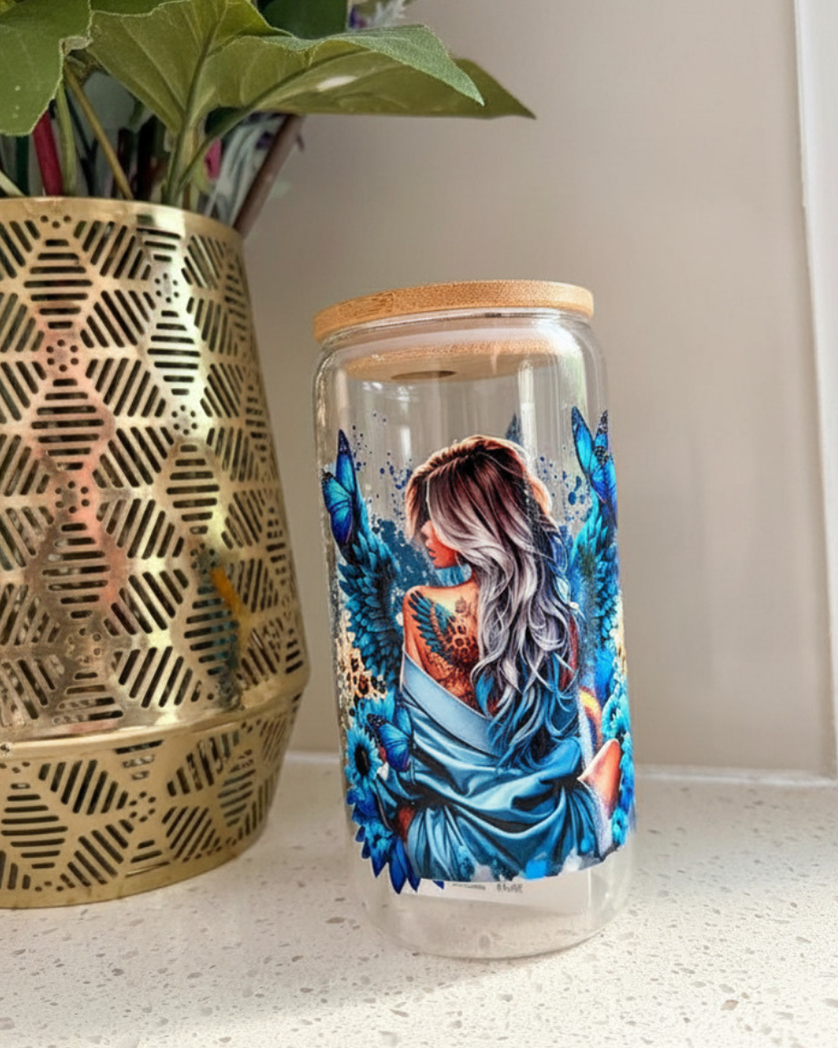 Blue Sunflower Butterfly Angel Glass Cup