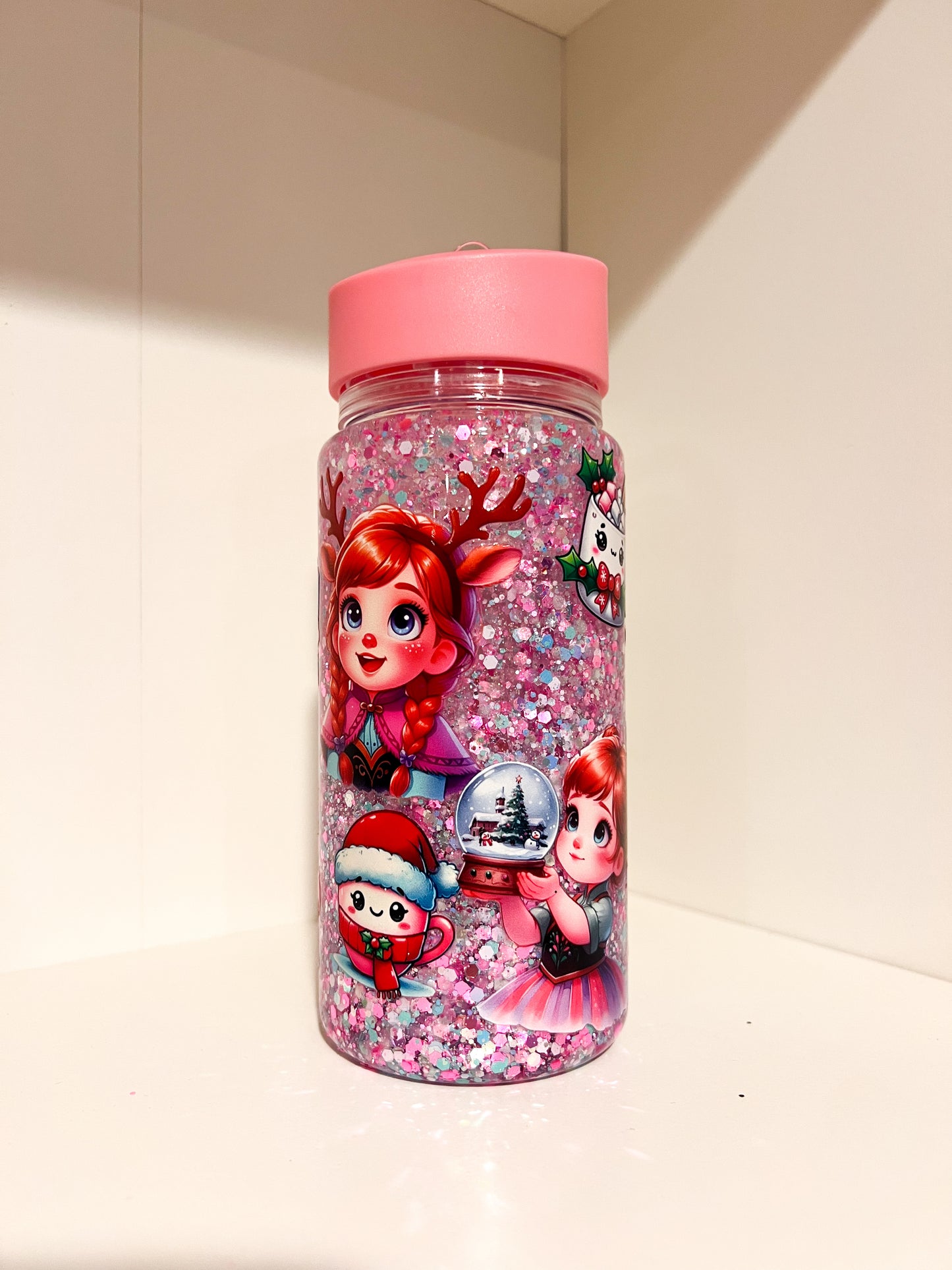 Christmas Glitter Water Bottle – Reindeer Girl Holiday Tumbler | Cute Kids Pink Sparkle Cup