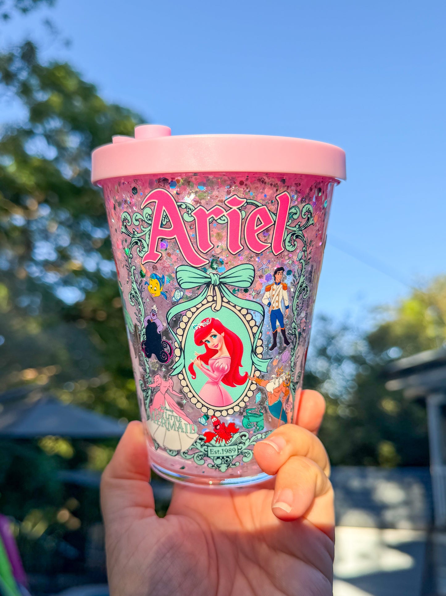 12oz Ariel Glitter Snow Globe Tumbler – Pink Mermaid Cup with Straw