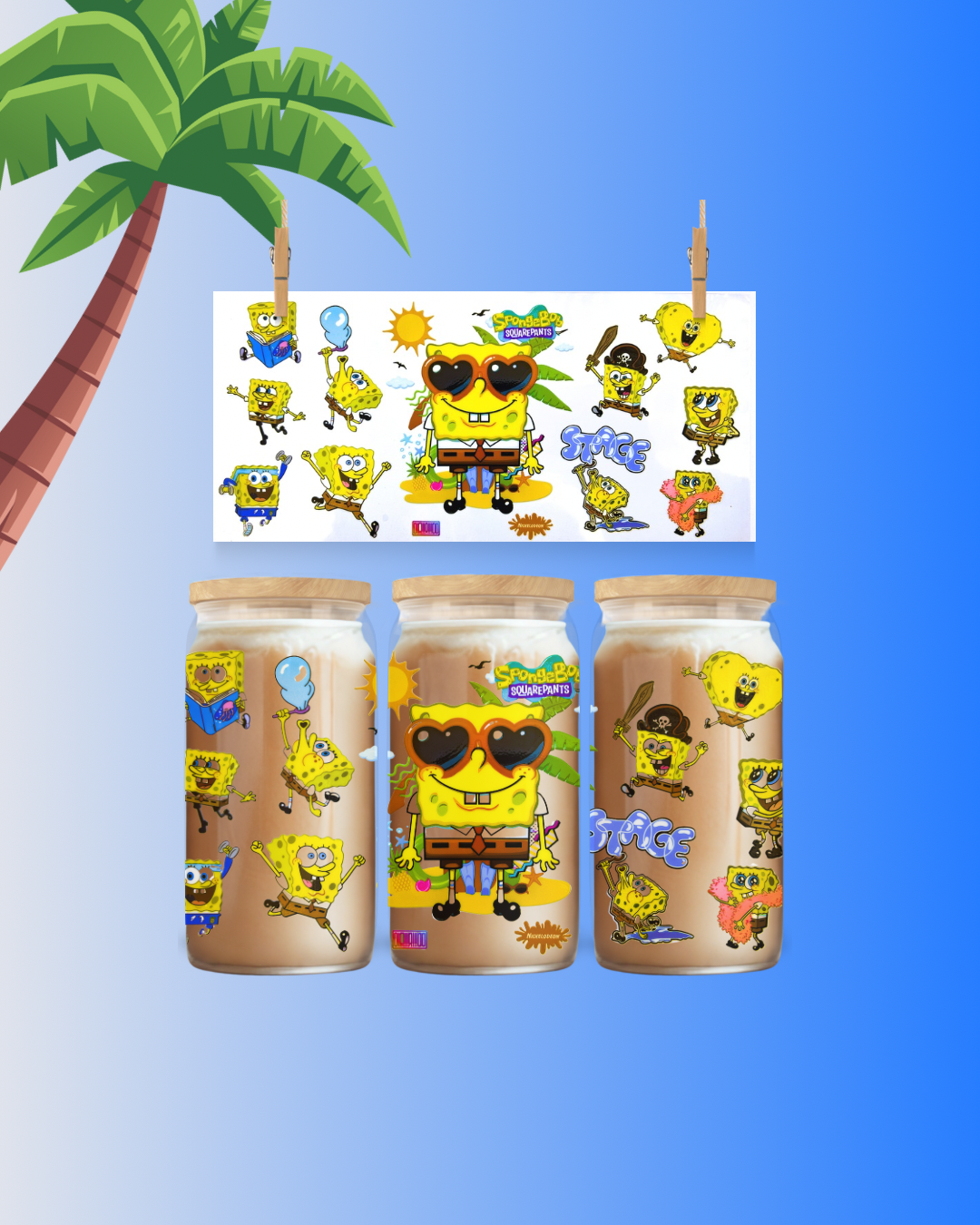 Bob with pants that are square 16oz Glass Can Wrap | Fun Cartoon Tumbler Cup Wrap | Summer Beach SpongeBob UV DTF Wrap