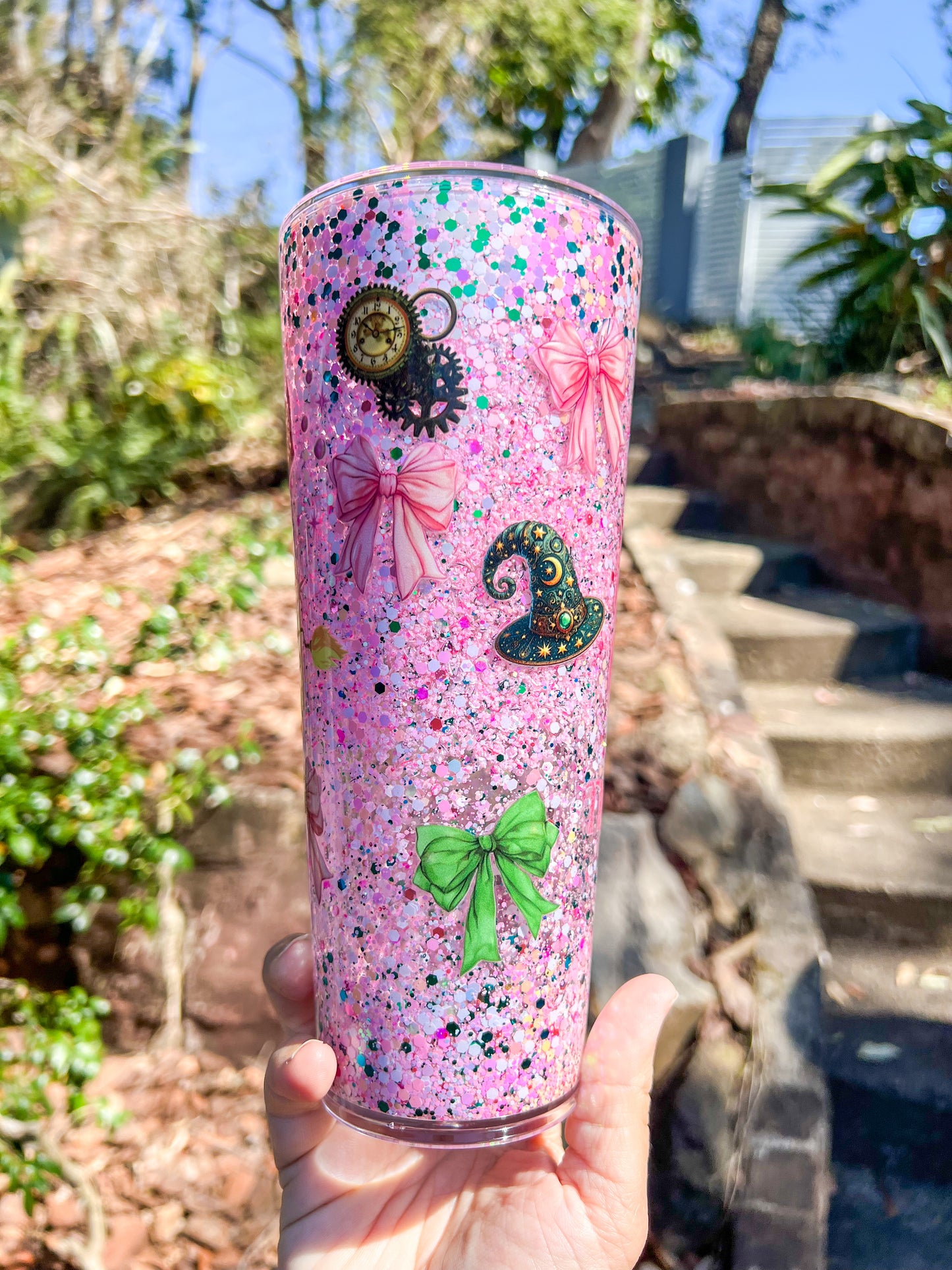 ✨Fairytale Glitter Tumbler – Pink Princess & Green Witch Cup with Sparkle Bows | 24oz Custom Glitter Cup