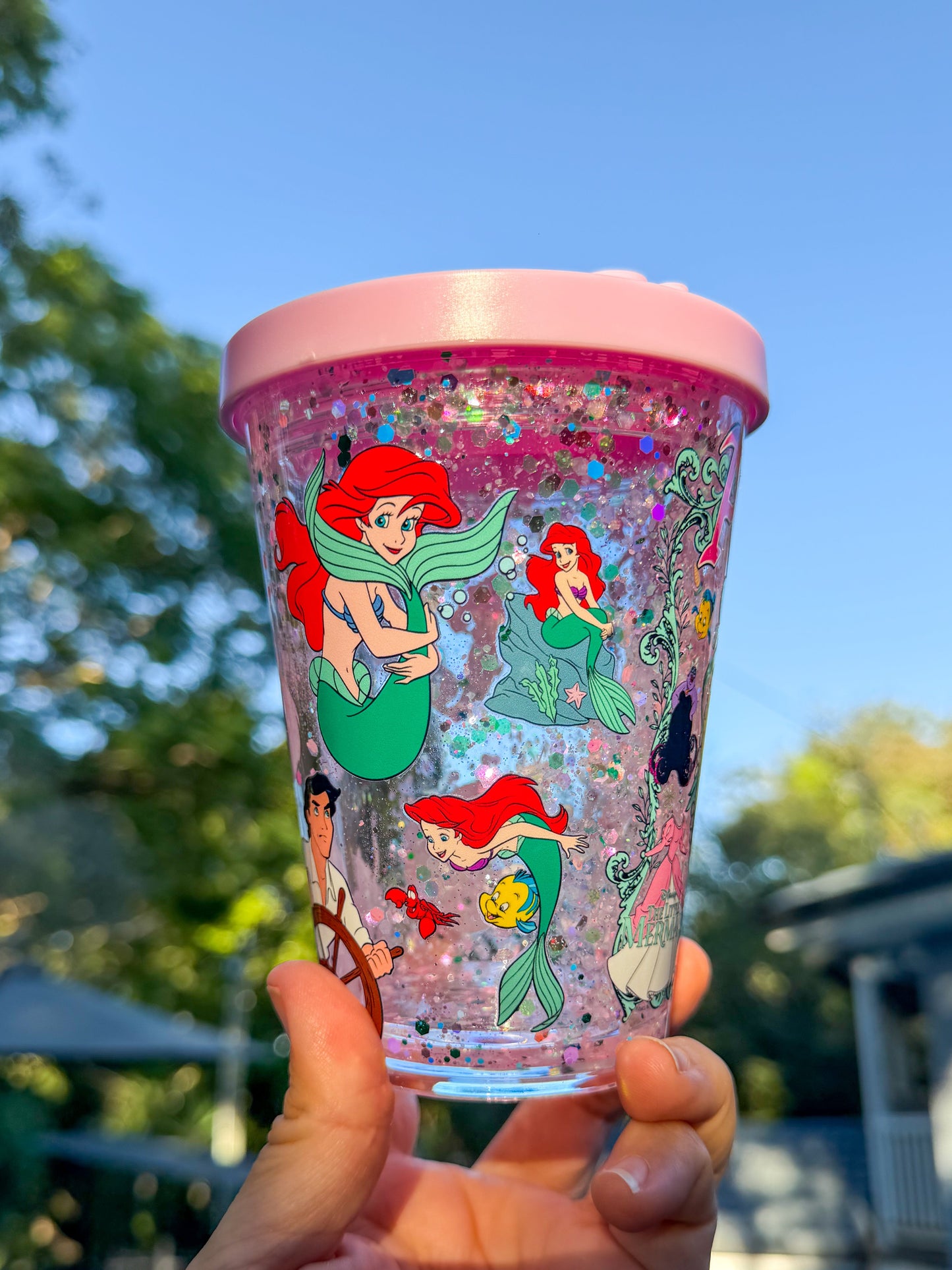 12oz Ariel Glitter Snow Globe Tumbler – Pink Mermaid Cup with Straw