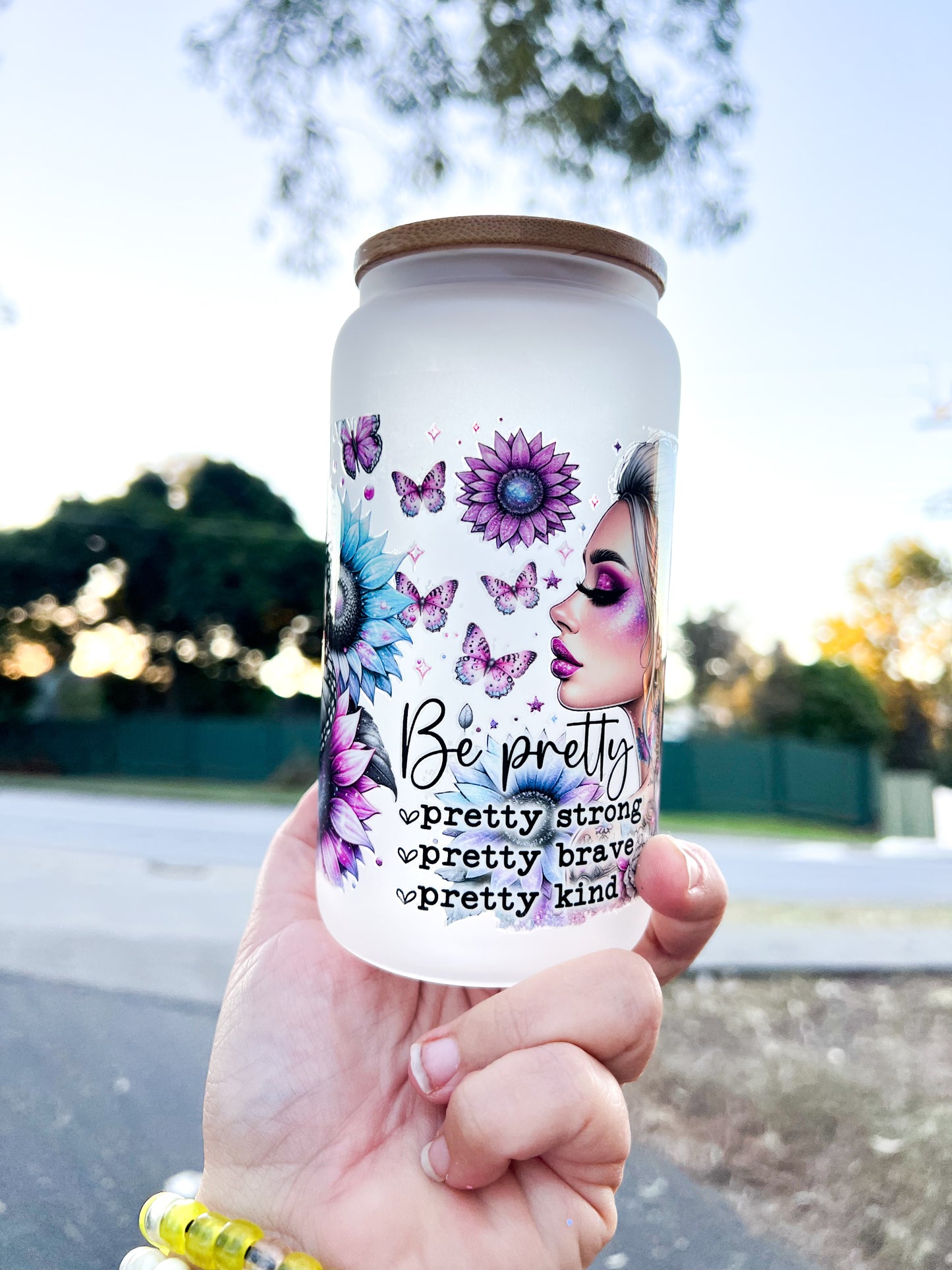 Be Pretty, Be Strong, Be Brave, Be Kind – Frosted Glass Can
 16oz with Bamboo Lid