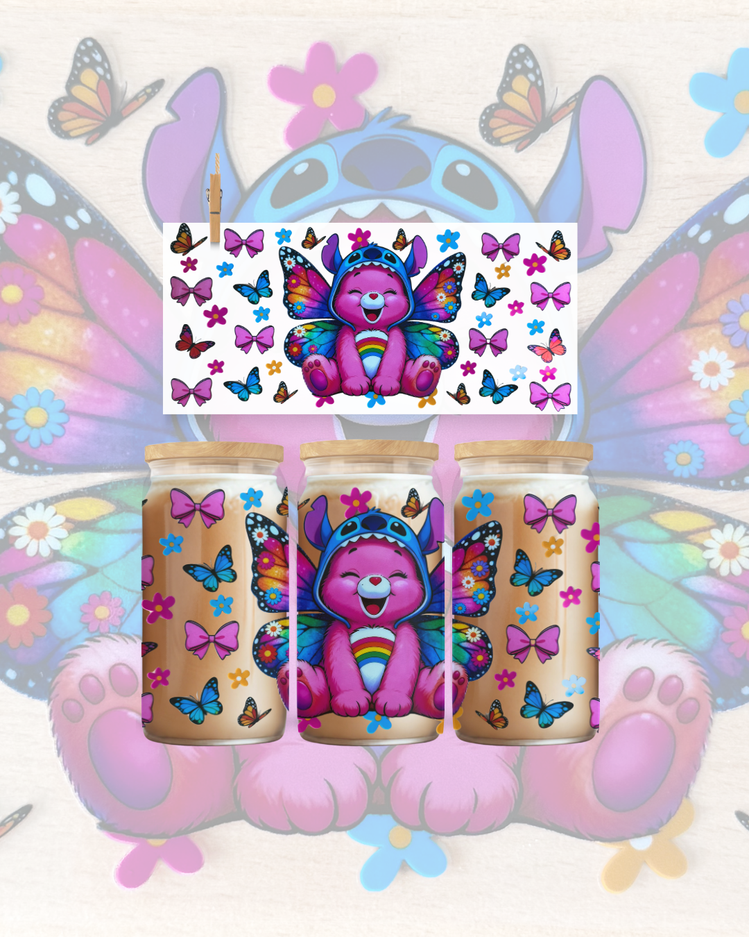 Rainbow Butterfly Bear UV DTF Cup Wrap – 16oz