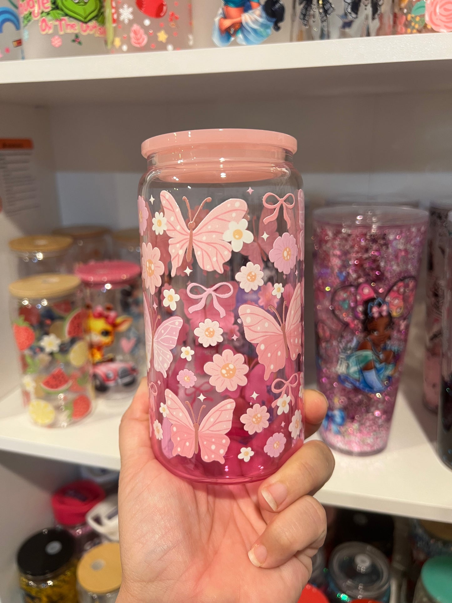 🌸 Pink Butterfly Dreams Glass Tumbler – 16oz