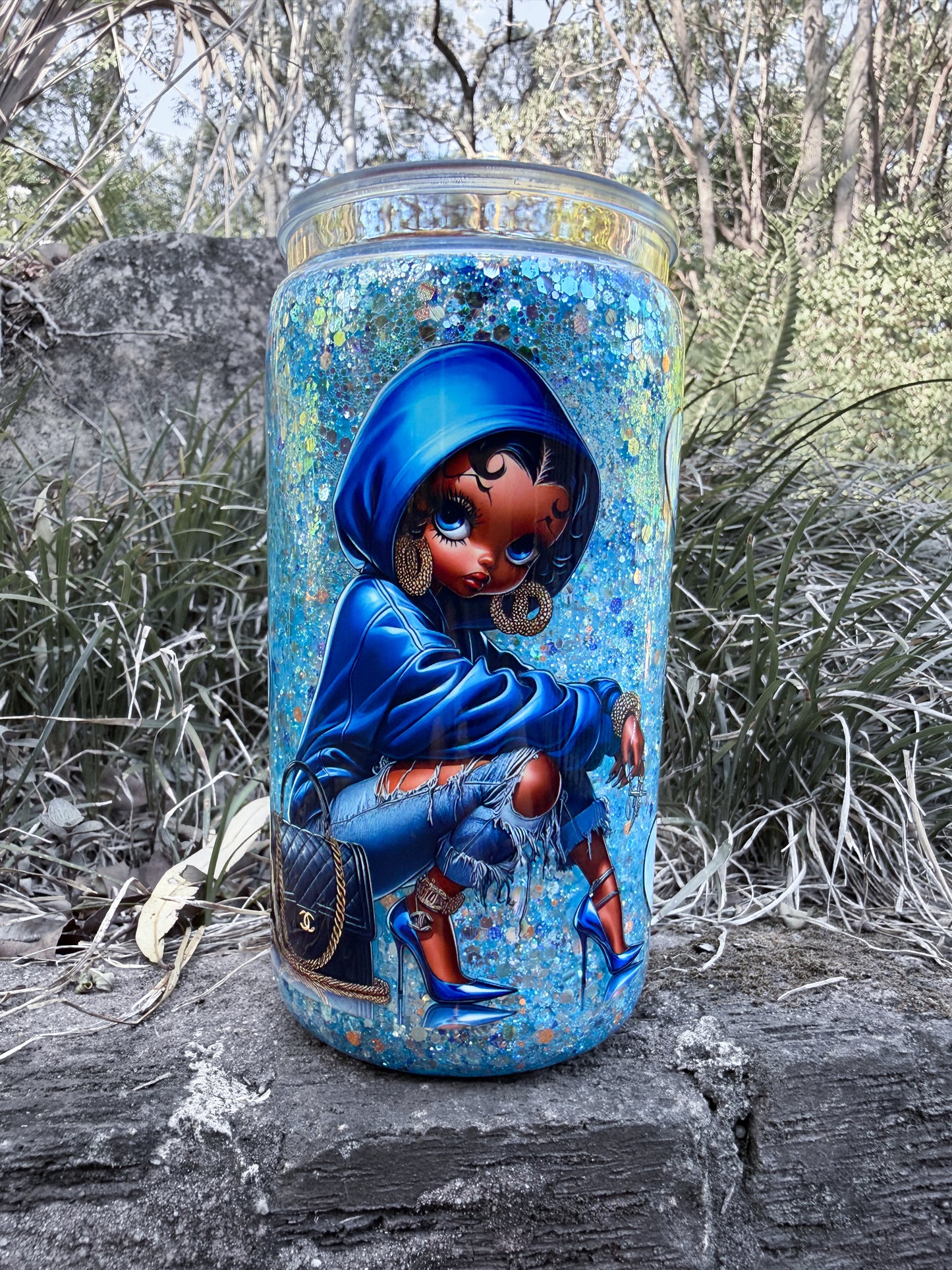 Glam Blue Hoodie Girl Glitter 16oz Cup