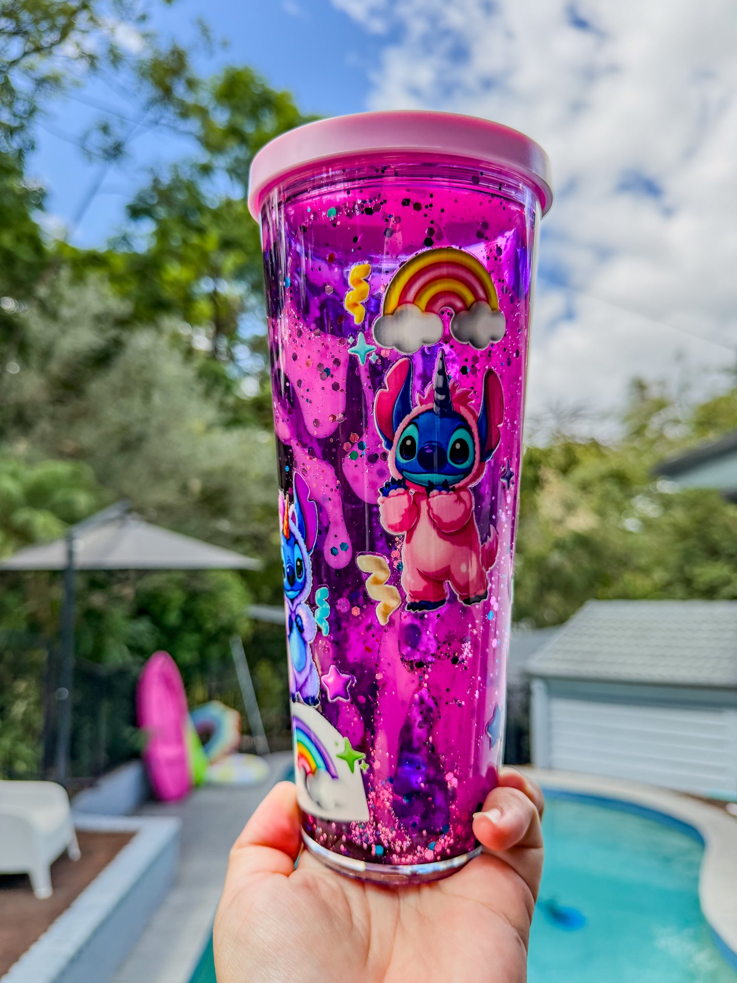 Cosmic Unicorn Lava Drip Snow Globe Stadium Cup – 24oz Purple & Pink Glitter Magic Cup