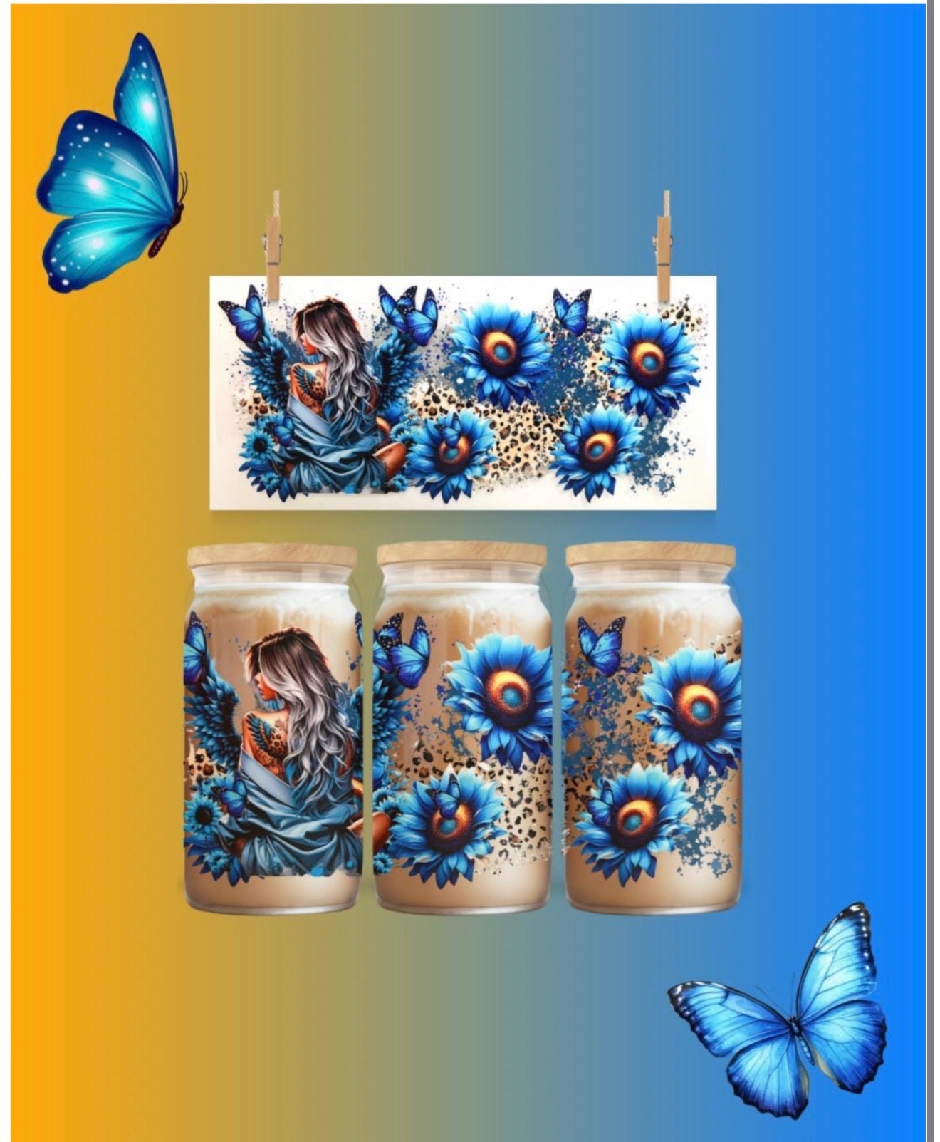 Tattoo girl, blue floral - UV DTF CUP WRAP 16oz