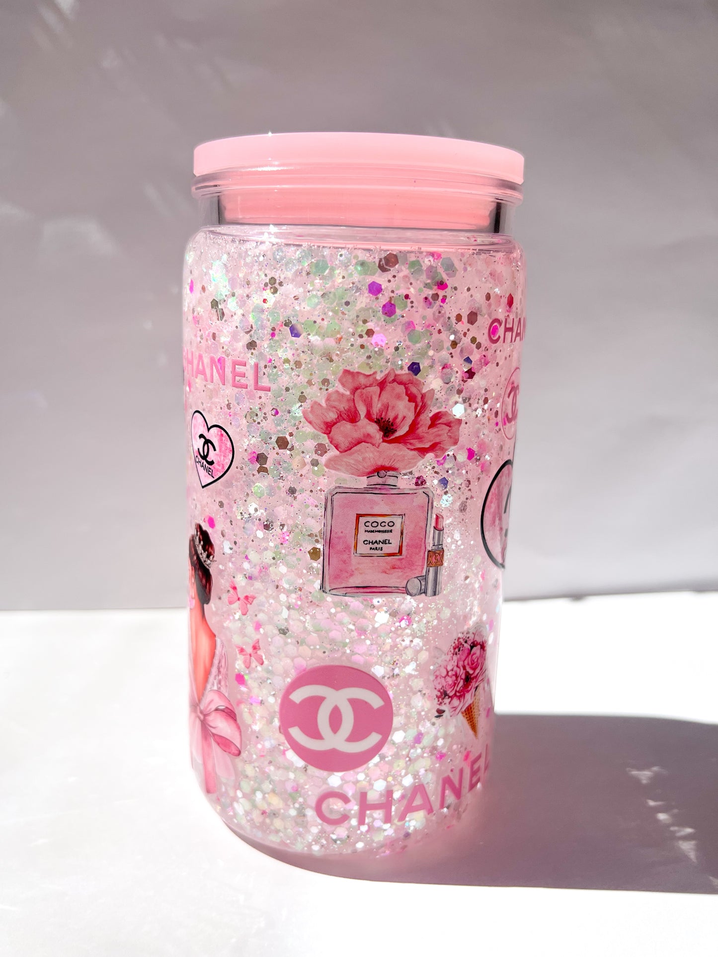 Glam Glitter Snow Globe Cup with Pink Accents