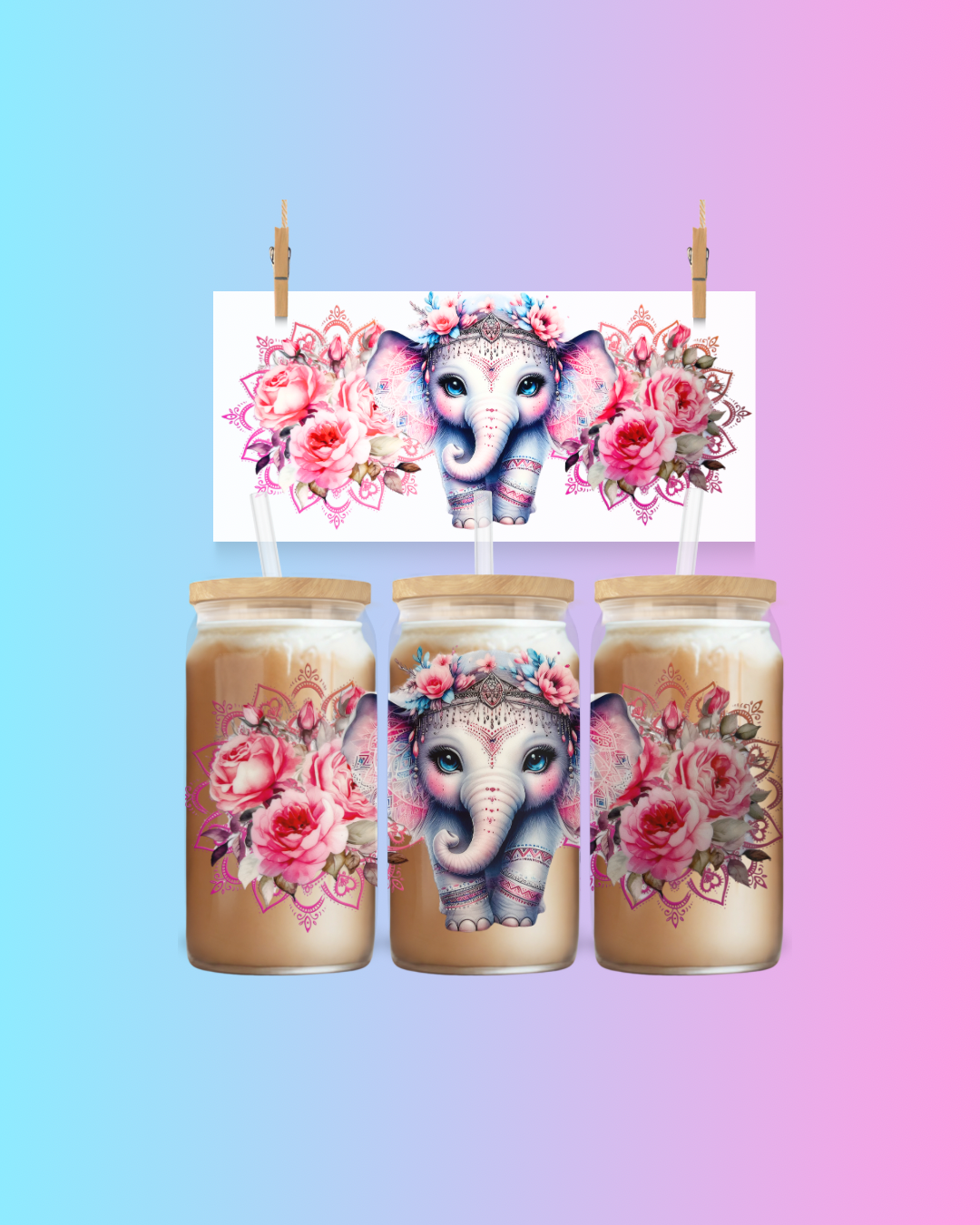Boho Baby Elephant Cup Wrap | Pink Roses Mandala UV DTF 16oz